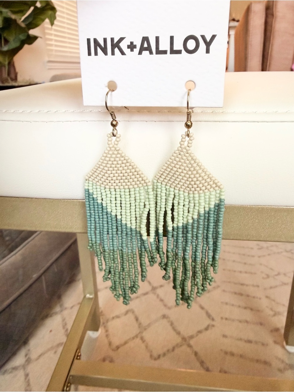 ALLOY Beaded Fringe Earrings in Green, Cream & Tan